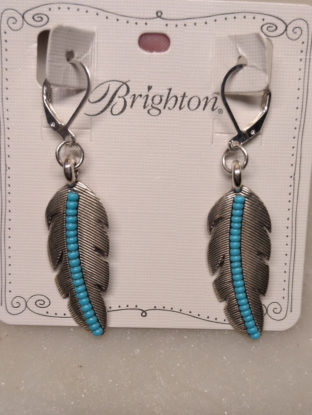 NEW! Brighton Turquoise Beaded Silver Feather Southwestern Dangle Earrings
